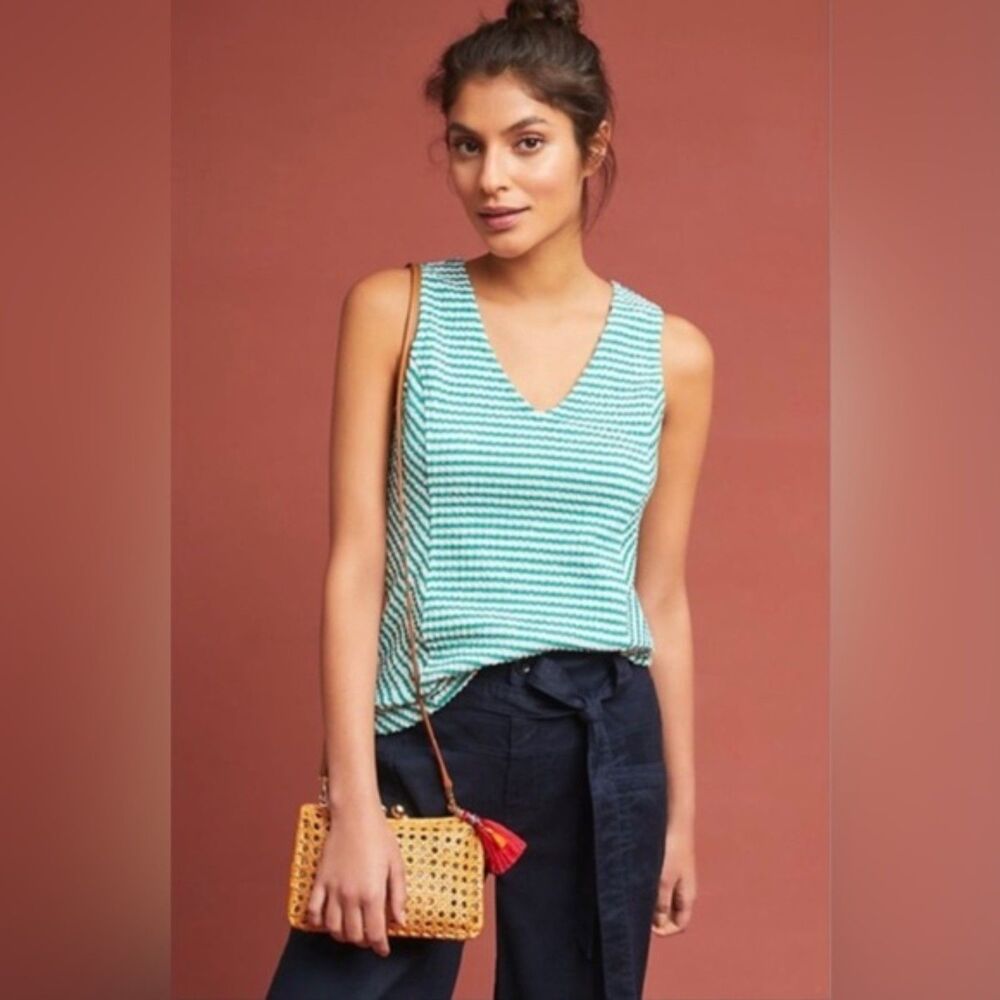 Anthropologie Maeve Green White Striped V Neck Stretch Tank Top Size XL